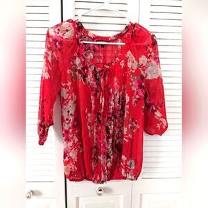 Express Womens sz M Boho Fuschia/Red/Pink Floral Sheer Top w/Ruffles Blouson